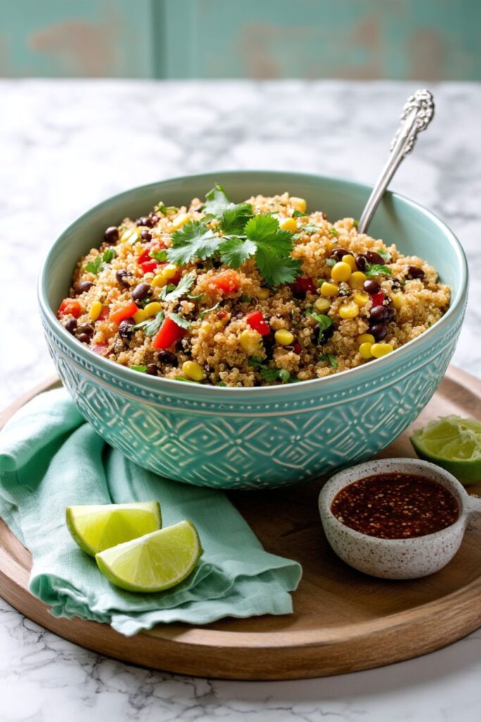 A vibrant bowl of Quinoa Salad Lunch Prep featuring fluffy quinoa mixed with black beans, corn, red bell peppers, and fresh cilantro on a wooden tray with lime wedges on the side.