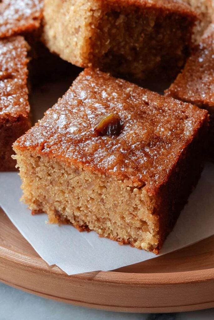 A close-up of a moist square slice of golden-brown quinoa cake, featuring a shiny honey glaze and a piece of dried fruit on top, resting on a small piece of white parchment paper on a wooden plate, representing a healthier baked treat.