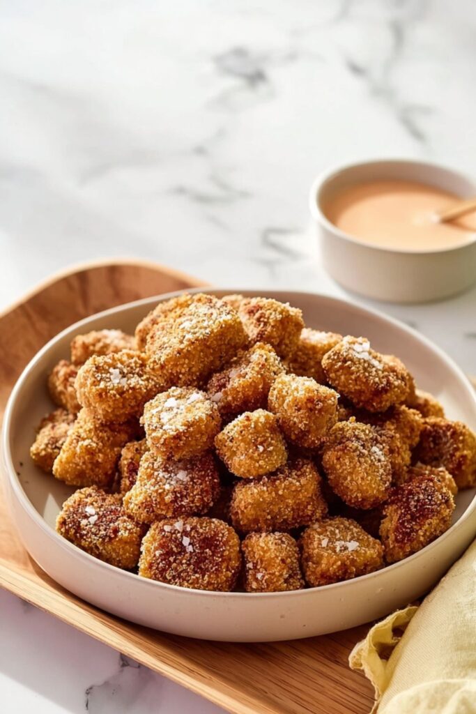 A bowl overflowing with golden-brown, extra-crispy breaded tofu cubes, lightly sprinkled with flaky salt, representing one of the best Colorful Vegan Recipes.