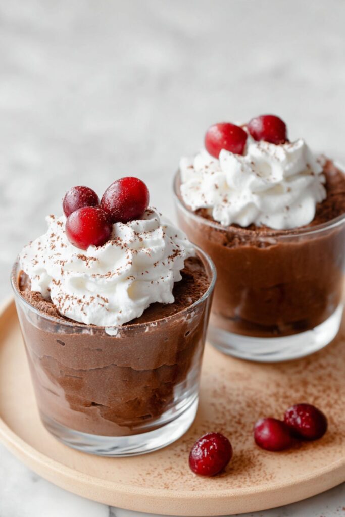 Two small glass cups filled with dark, rich chocolate quinoa mousse, each topped with a generous swirl of white whipped cream and three bright red fresh cranberries, presented on a round wooden tray, representing a sophisticated healthy dessert.
