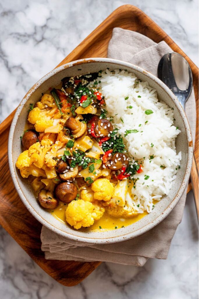 A rustic bowl of creamy yellow cauliflower and mushroom coconut curry, served with white rice and topped with fresh herbs and sesame seeds, showcasing Quick Dinner Ideas Vegan.