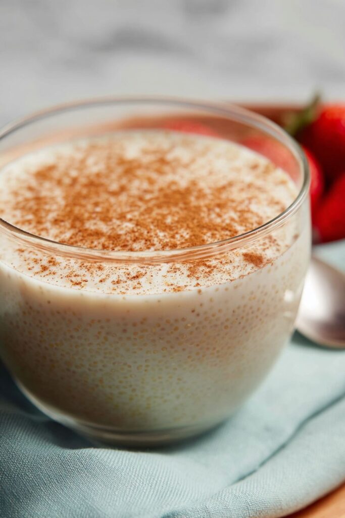A clear glass cup filled with creamy quinoa pudding dusted heavily with cinnamon, with fresh strawberries visible in the soft background, making a comforting and healthy dessert.