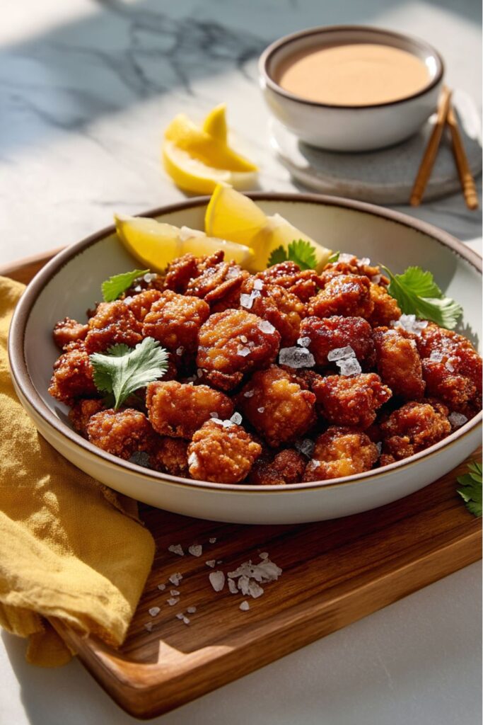 A bowl filled with crispy, golden-brown tofu nuggets sprinkled with flaky sea salt, garnished with fresh cilantro and lemon wedges, ready to be dipped in a small bowl of creamy sauce, making for delicious Unique Vegan Meals.