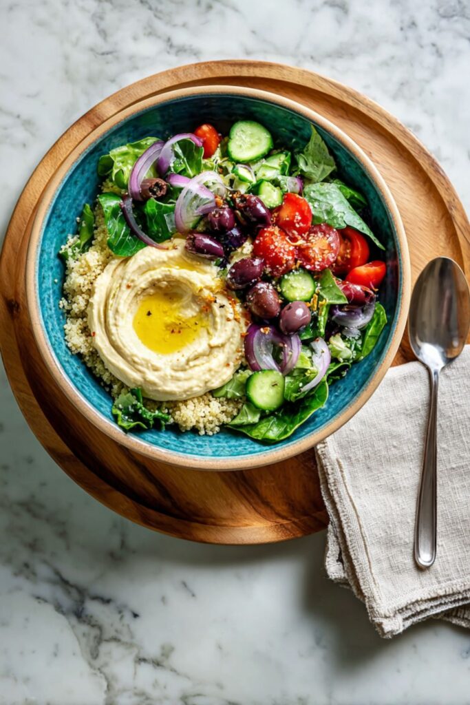 A vibrant, close-up shot of a Quinoa Meal Prep Lunch Ideas bowl containing a bed of quinoa topped with a large swirl of hummus drizzled with olive oil, surrounded by chopped romaine, sliced red onion, cucumbers, tomatoes, and kalamata olives.