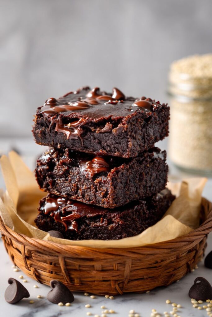 A stack of three thick, intensely fudgy quinoa brownies drizzled with melted chocolate and chocolate chips, sitting on crumpled parchment paper inside a woven basket, representing an indulgent but healthy dessert.