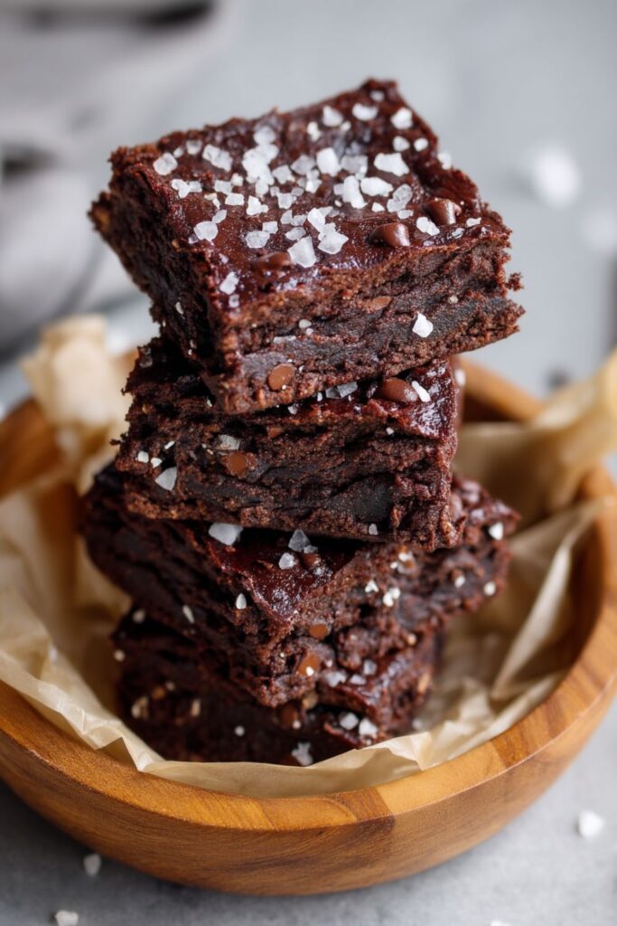 A stack of rich, fudgy quinoa dessert brownies topped with a shiny chocolate glaze and flakes of coarse sea salt, sitting in a small wooden bowl lined with parchment paper.