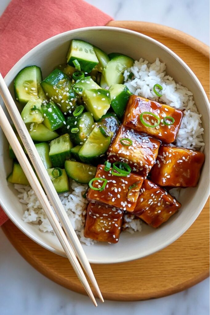 A white bowl filled with steamed rice, topped with squares of sticky, sesame-crusted glazed tofu on one side and a fresh cucumber salad on the other, creating a light and flavorful Vegan January Recipes bowl.
