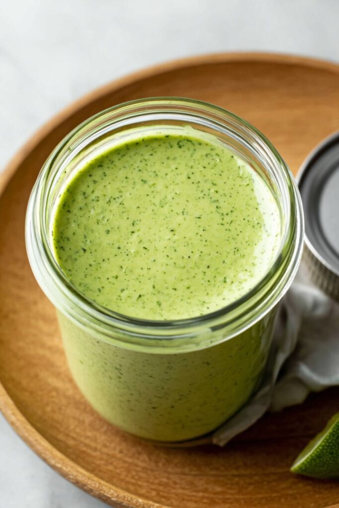 A top-down image of a vibrant green, creamy cilantro and lime dressing in a jar, an excellent addition to healthy green salads.
