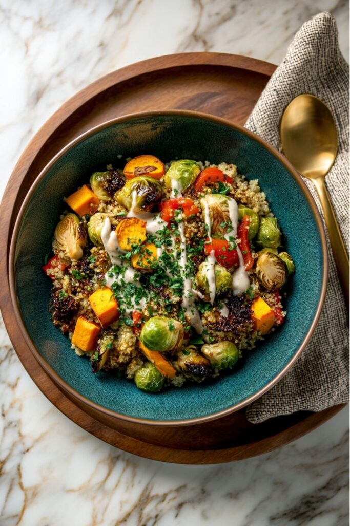 An overhead photo of a teal bowl on a wooden tray containing a Quinoa Protein Bowl Recipes mix of quinoa, roasted Brussels sprouts, diced sweet potato, red peppers, and a creamy tahini dressing drizzled over the top, garnished with parsley.