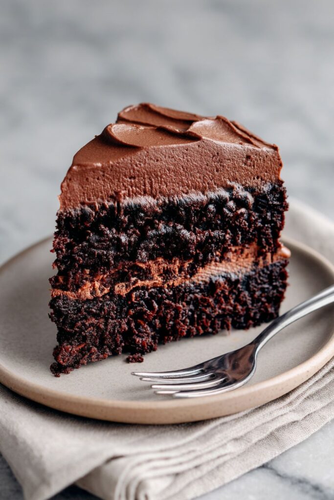 A close-up of a rich, three-layered slice of dark chocolate cake topped with thick, velvety chocolate frosting, served on a neutral plate with a silver fork, highlighting a delicious gluten free baking treat.