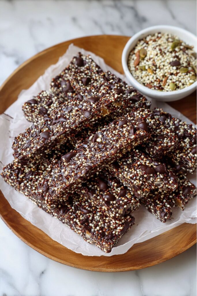 A stack of chewy chocolate quinoa bars topped with visible puffed quinoa and mini chocolate chips, arranged on parchment paper on a wooden plate, with a small bowl of raw quinoa and seeds in the background, making a convenient no bake treat.