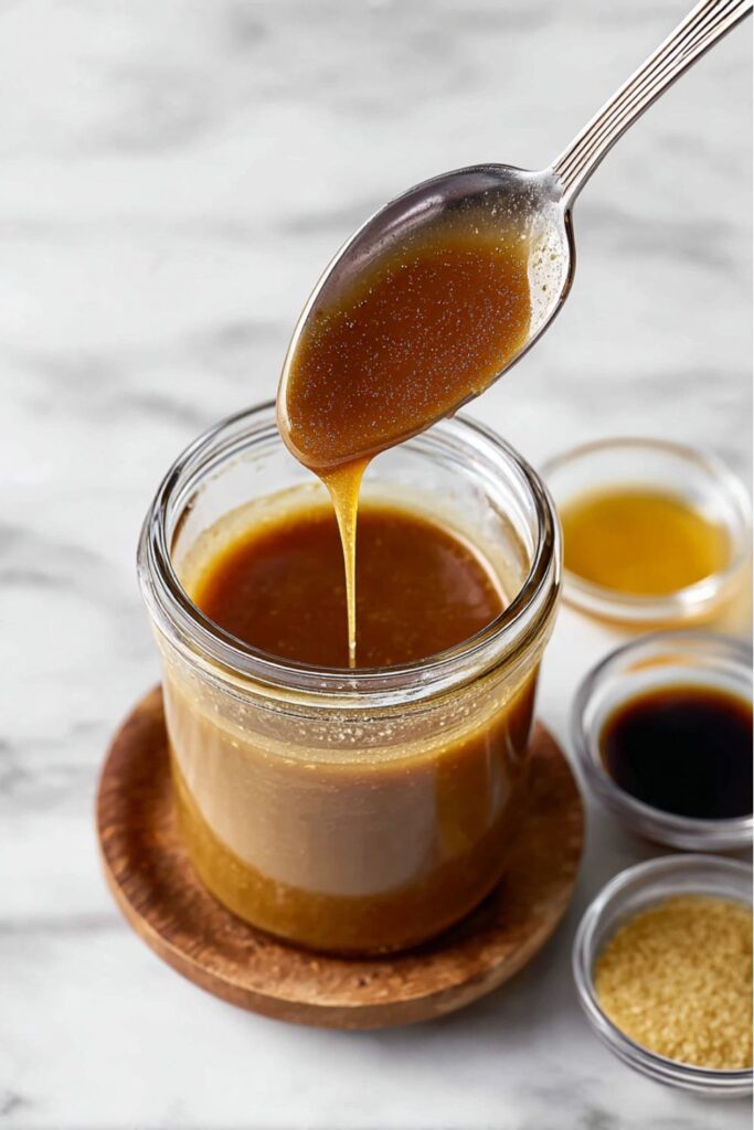 A thick, dark brown balsamic vinaigrette being drizzled from a spoon back into a glass jar, perfect as a versatile quinoa bowl dressing.