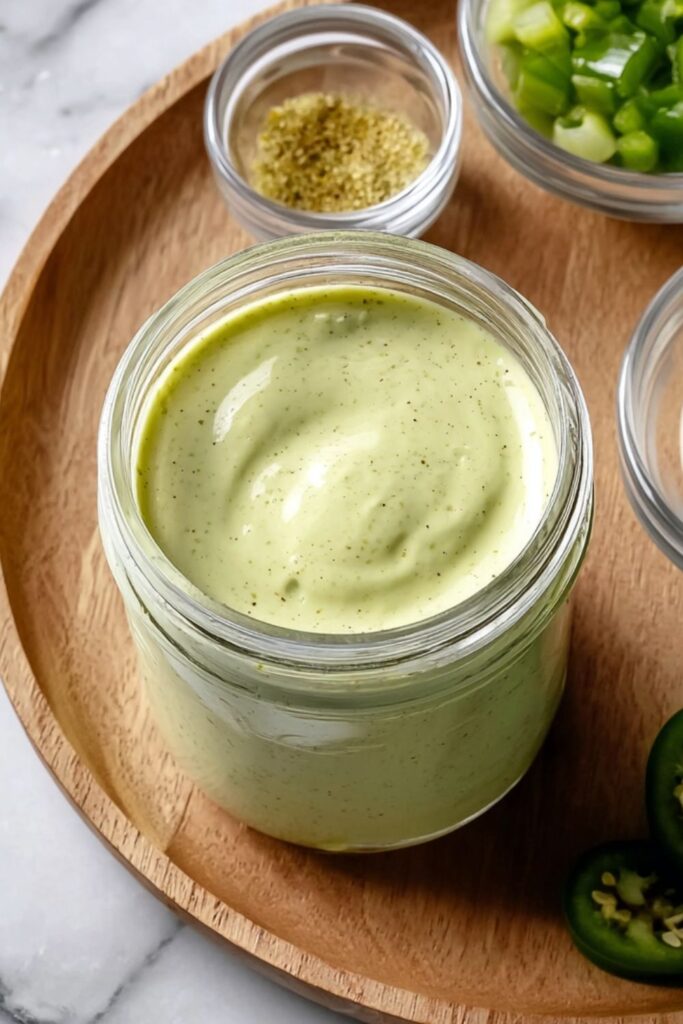 A thick, creamy, pale green dressing in a glass jar set on a wooden tray, surrounded by chopped green onions and jalapeño slices, making it an ideal quinoa bowl dressing.