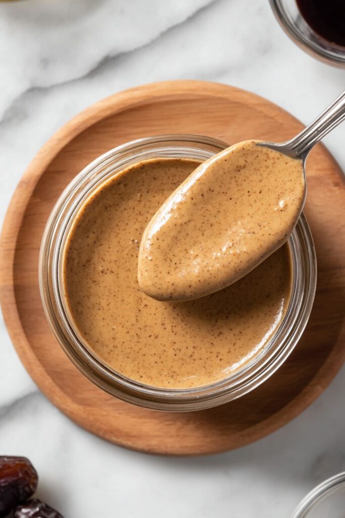 A top-down shot of a thick, creamy, beige-colored tahini-based dressing being scooped by a spoon from a glass jar, perfect for a robust quinoa bowl dressing.