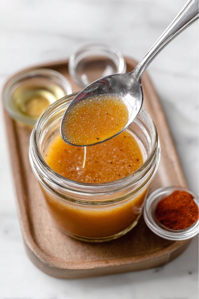 A spoon lifting an emulsified, orange-colored vinaigrette from a glass jar, demonstrating a fantastic option for quinoa dressing recipes.