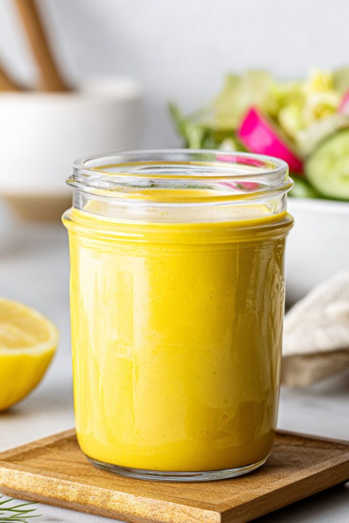 A vibrant, smooth yellow tahini dressing in a glass jar, showcasing a unique option for quinoa dressing recipes, with a sliced lemon in the background.