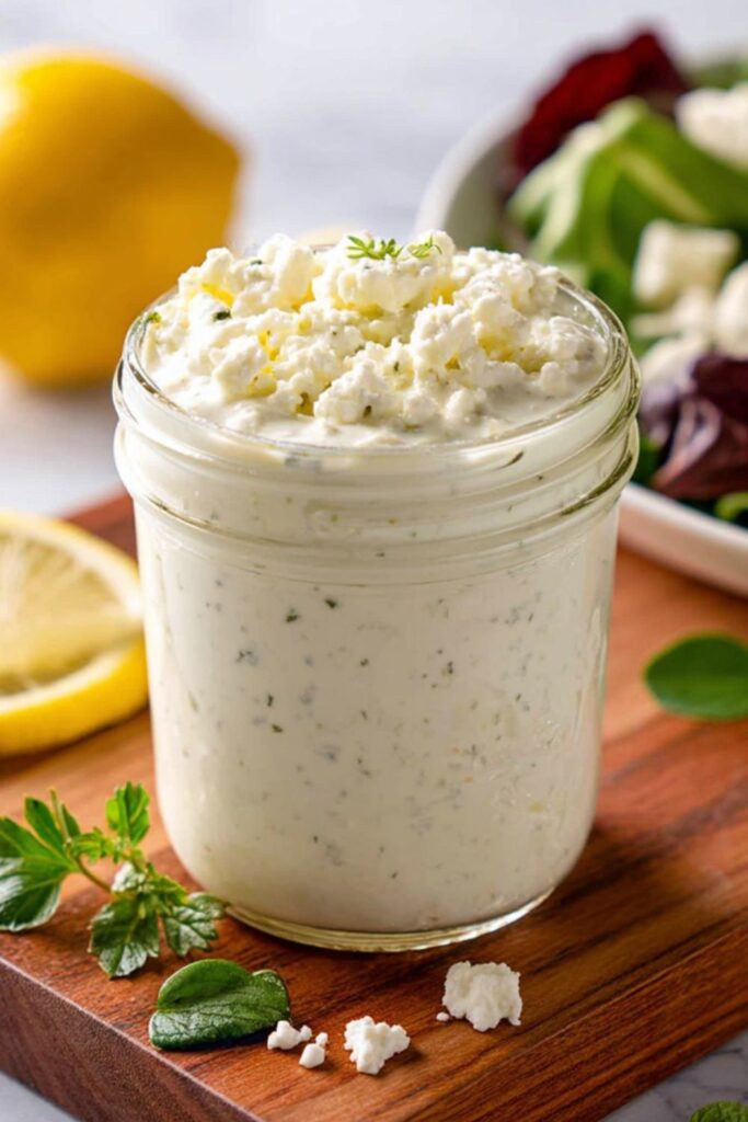 A close-up shot of a creamy white dressing speckled with herbs and topped with fresh feta crumbles in a glass jar, serving as a rich quinoa salad dressing.