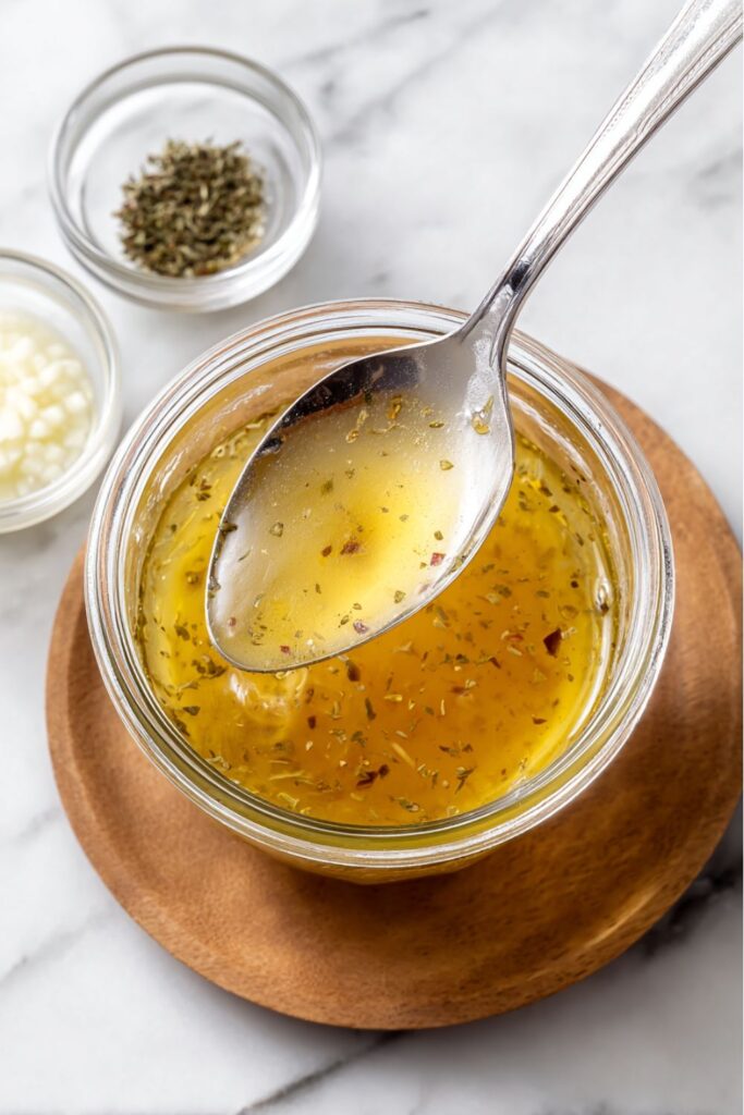 A spoonful of bright, oil-based Italian vinaigrette with visible green herbs, being lifted from a glass jar, demonstrating a great quinoa salad dressing option.