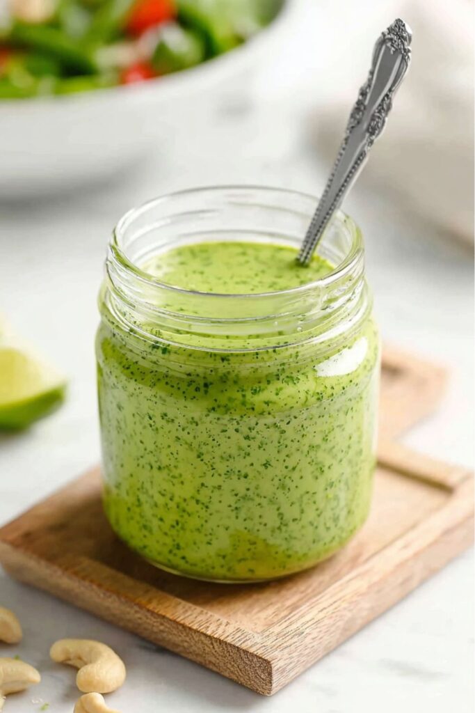 A bright, thick green pesto-like dressing in a glass jar, featuring fresh basil and cashews, with a silver spoon resting in it, perfect as a chunky quinoa salad vinaigrette.