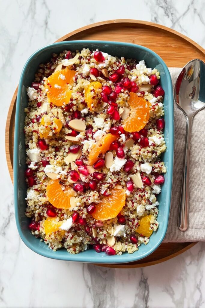 A rectangular teal bowl filled with a colorful Quinoa Protein Bowl Recipes mix of quinoa, bright red pomegranate seeds, sliced mandarin orange segments, slivered almonds, and crumbled goat cheese, ready for a nutritious lunch.