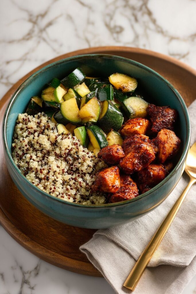 A top-down shot of a teal bowl on a wooden tray containing a generous serving of cooked tricolored quinoa, seasoned chunks of Jamaican jerk chicken, and sautéed zucchini, making a complete Quinoa Protein Recipes meal.