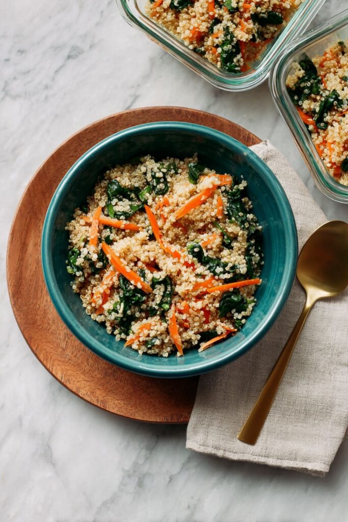 An overhead shot of a turquoise bowl containing a warm Easy Quinoa Salad mix of fluffy quinoa, wilted spinach, and matchstick carrots, with two glass meal prep containers visible in the background.