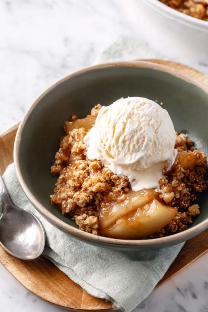 A dark green ceramic bowl filled with warm apple and pear crumble, topped with a scoop of vanilla ice cream, sitting on a wooden serving board with a spoon, highlighting a comforting and healthy dessert.