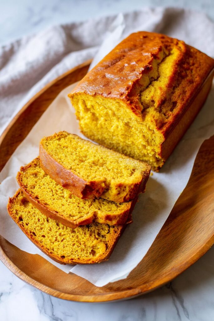 A close-up shot of a golden-yellow baked loaf of banana bread made with quinoa, two moist slices cut and arranged on a wooden serving board lined with parchment paper, representing a delicious healthier treat.