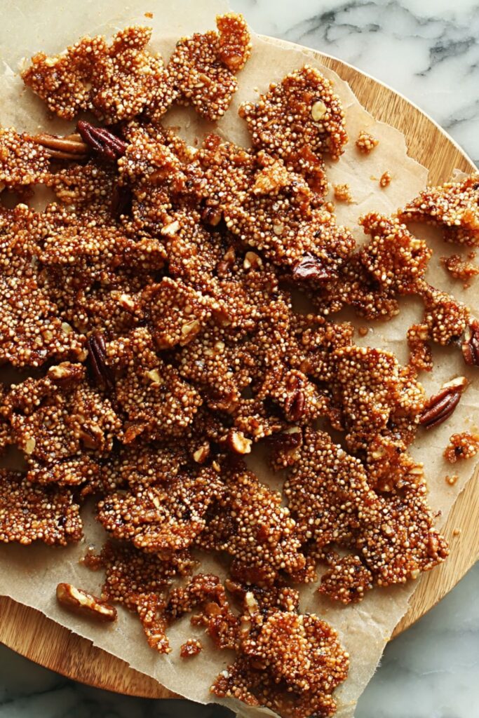 Golden-brown quinoa and pecan brittle scattered over a piece of crumpled parchment paper on a round wooden cutting board, showing a crunchy, caramelized texture for a healthy sweet treat.
