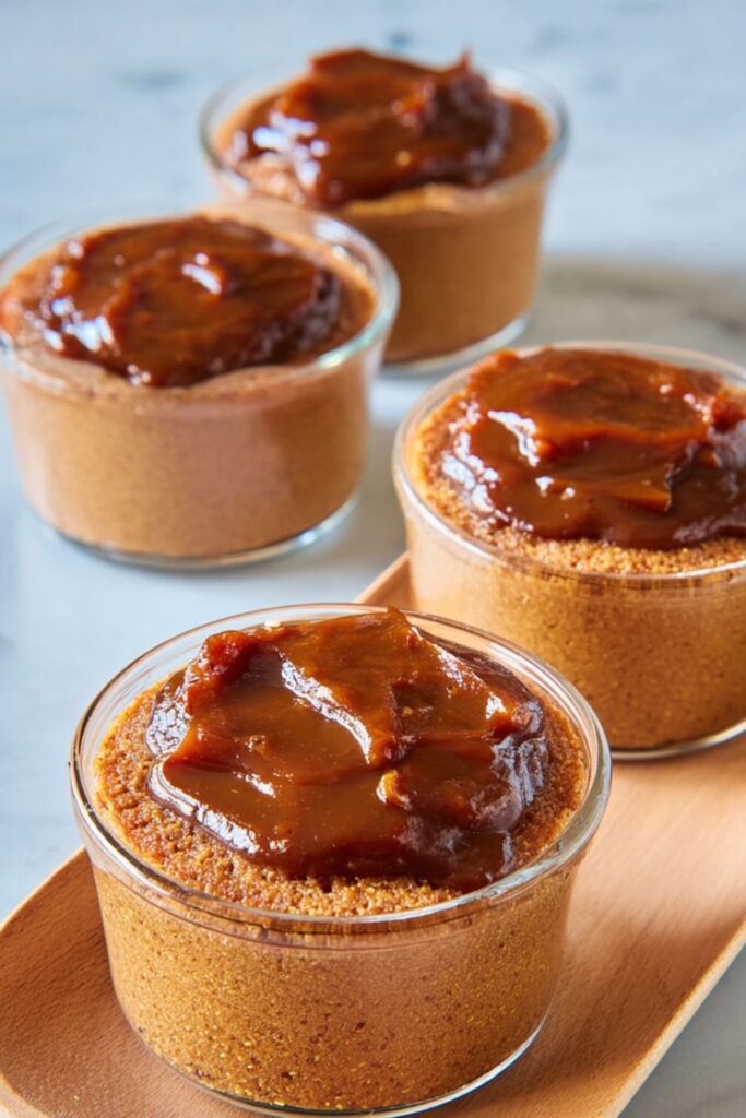 Four small, clear glass ramekins holding baked quinoa pudding, each topped generously with a thick, glossy brown date toffee caramel, presented on a light wooden tray, showcasing a delicious gluten free dessert.