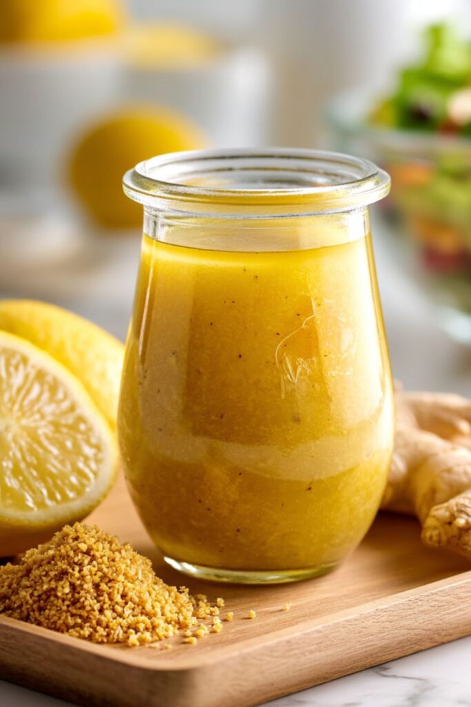 A light, slightly cloudy yellow vinaigrette with visible flecks of grated ginger in a glass jar, showcasing a unique option for salad dressing recipes.