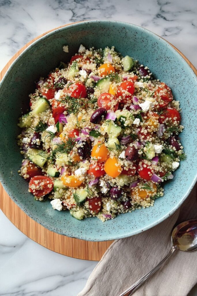 A close-up, overhead view of a large turquoise bowl filled with a bright Salad Recipes With Quinoa mix, including cooked quinoa, halved cherry tomatoes, diced cucumber, red onion, black olives, and crumbled feta cheese, garnished with fresh dill.