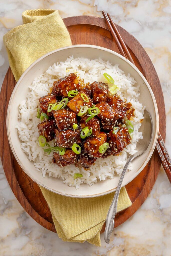 A bowl of white rice topped with sticky, glazed sesame tofu cubes, garnished with green onions and sesame seeds, offering a satisfying protein vegan recipes option.
