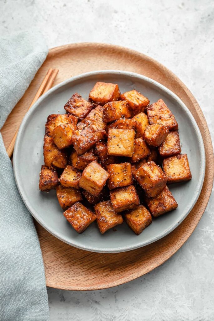 A bowl of fluffy white rice topped with cubes of dark, sticky, sriracha-glazed tofu, generously sprinkled with sesame seeds and sliced green onions, an excellent Protein Vegan Recipes option.