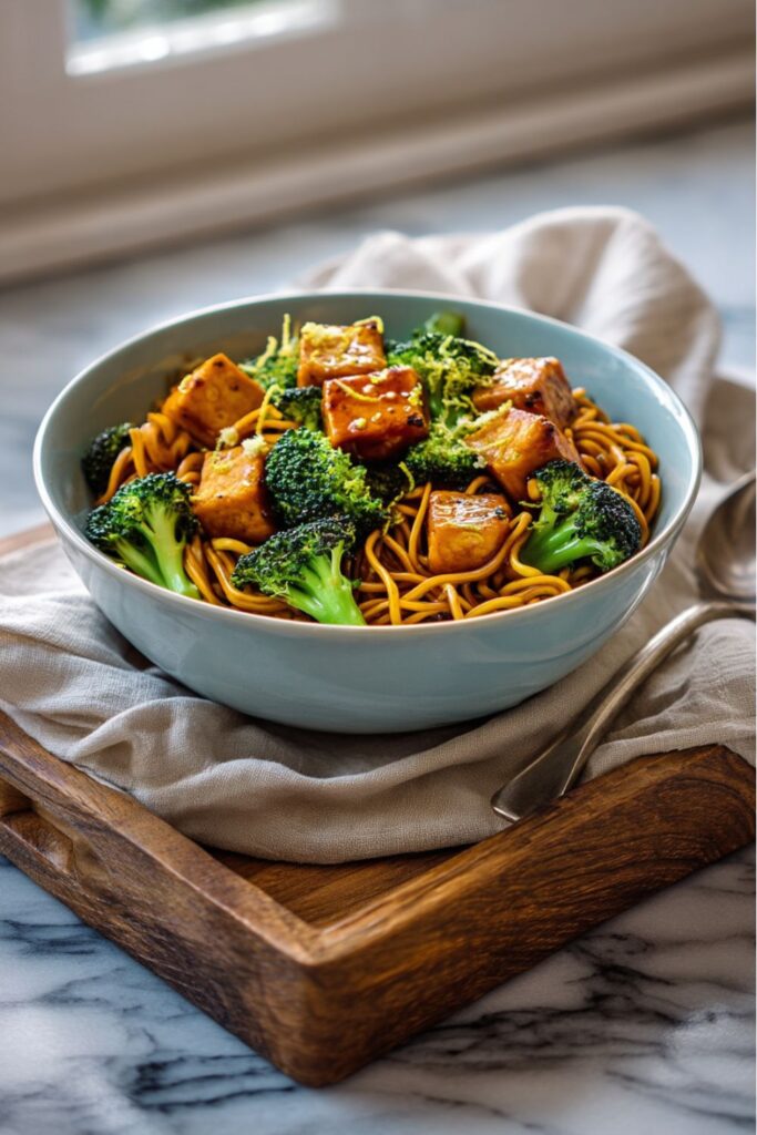 A light blue bowl holds a generous portion of ramen noodles topped with glossy, cubed teriyaki tofu and bright green steamed broccoli florets, showcasing delicious Vegan Recipes High Protein.