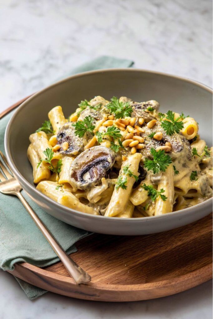A bowl of creamy mushroom penne garnished with toasted pine nuts and fresh parsley, serving as a perfect healthy plant based dinner for a cozy night in.
