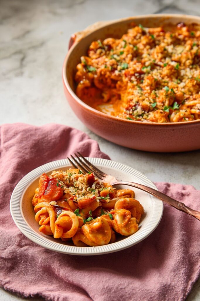 A bowl of orecchiette pasta coated in a vibrant, creamy roasted red pepper and white bean sauce, topped with fresh herbs and golden breadcrumbs, illustrating unique vegan meals.