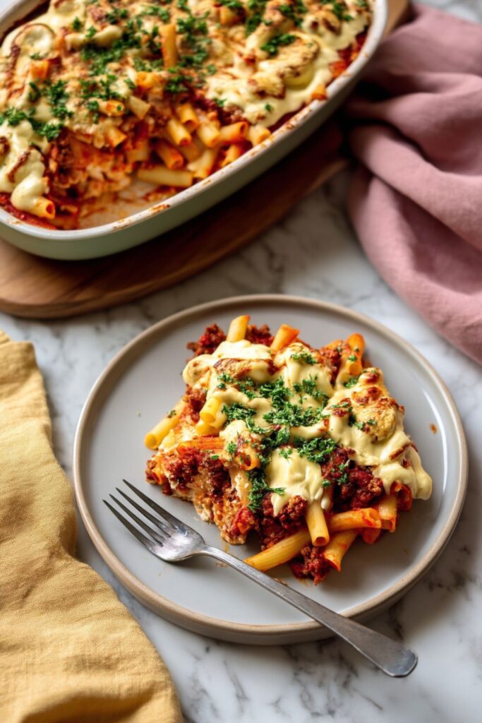 A delicious plate of baked ziti topped with creamy cashew cheese and fresh parsley, representing one of the best vegan comfort food options for the winter.