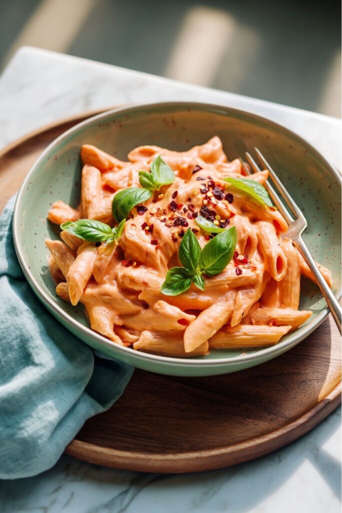 A bowl of creamy penne alla vodka topped with red pepper flakes and fresh basil, perfect for those seeking easy weeknight dinners that are entirely plant-based.