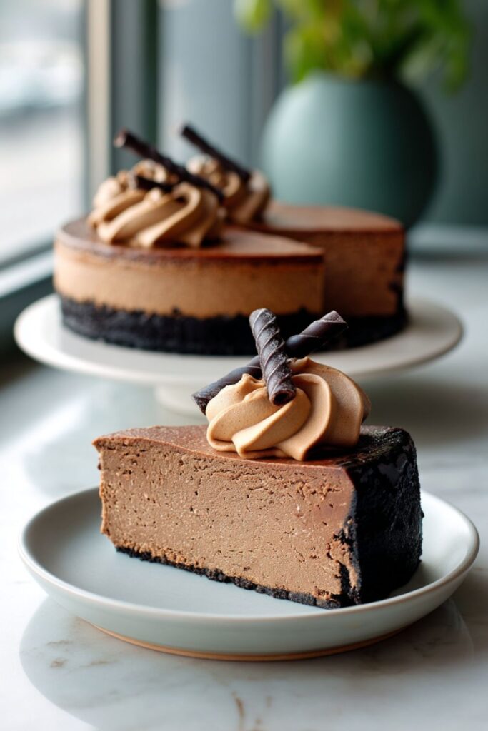 A slice of rich chocolate cheesecake with a cookie crust and whipped topping, representing one of the top vegan recipes for dessert lovers.