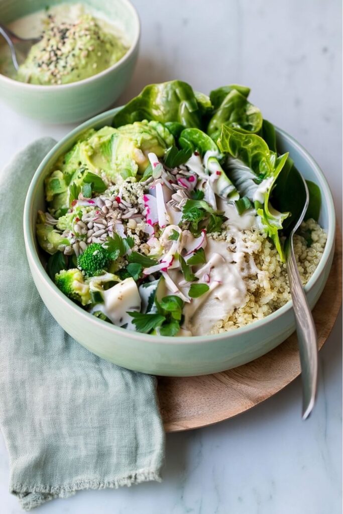 A vibrant green quinoa bowl with avocado-pea smash, steamed broccoli, and hemp seeds, representing delicious wholefood vegan recipes.