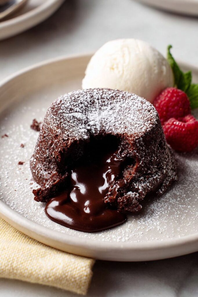 A decadent molten chocolate lava cake with a liquid center, dusted with powdered sugar and served with a side of vanilla ice cream and fresh raspberries as part of how to start veganuary.