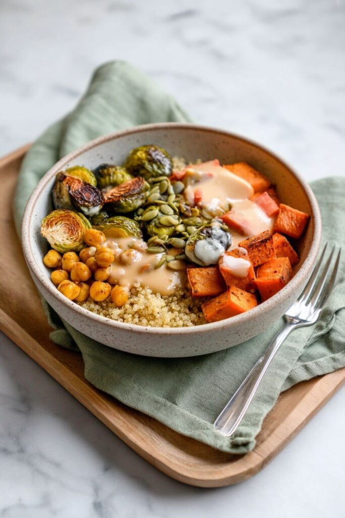 A warm quinoa bowl topped with balsamic roasted Brussels sprouts, sweet potatoes, and spiced chickpeas, highlighting nutritious meals with legumes.