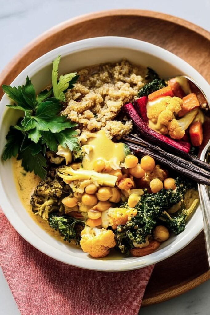 A vibrant bowl containing roasted cauliflower, carrots, kale, chickpeas, and tempeh drizzled with a golden tahini sauce, showcasing unique vegan meals.