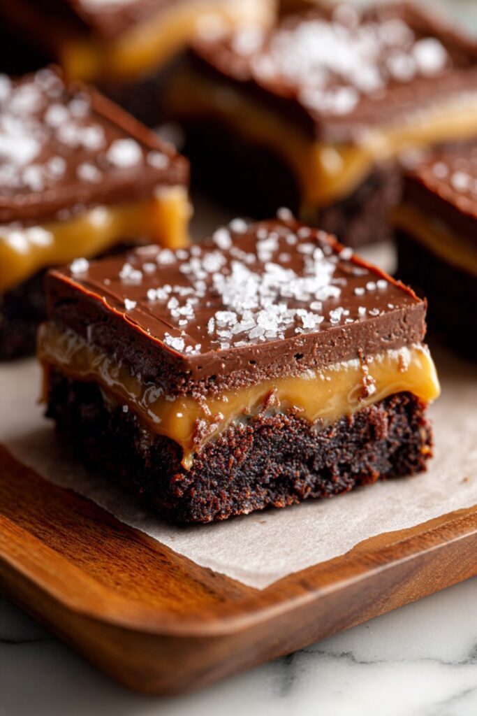 A close-up shot of thick vegan comfort food brownies layered with gooey salted caramel and dark chocolate ganache, topped with large flakes of sea salt.