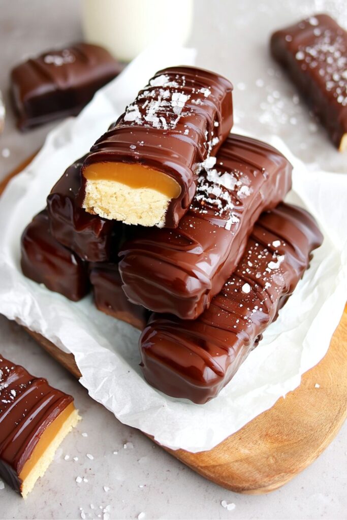 A stack of chocolate-covered shortbread bars with a thick layer of gooey caramel and a sprinkle of sea salt, perfect for anyone looking for vegan food.