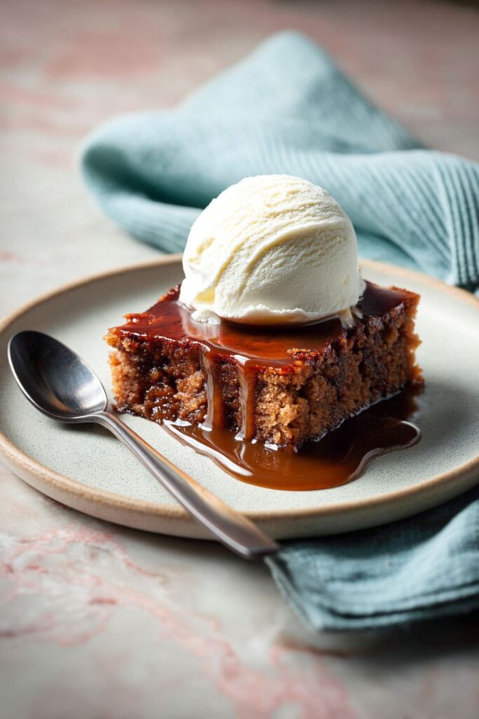 A warm square of sticky toffee pudding drenched in caramel sauce and topped with a melting scoop of vanilla ice cream, showcasing yummy plant based recipes.