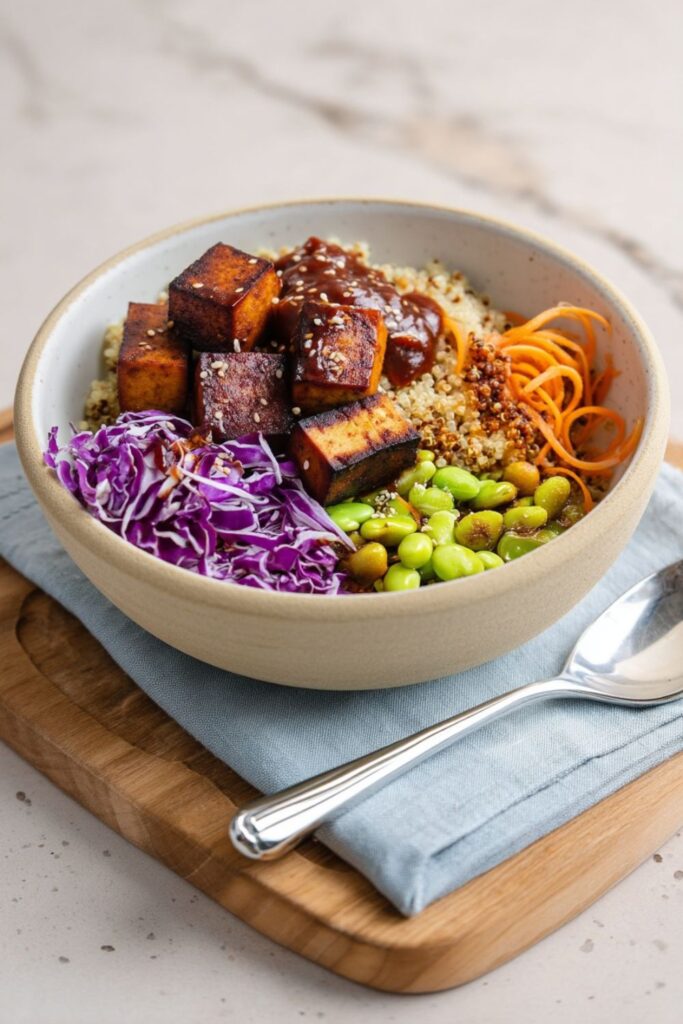 A vibrant bowl featuring baked marinated tofu, quinoa, edamame, and shredded red cabbage, perfect for high-protein Veganuary bowls.