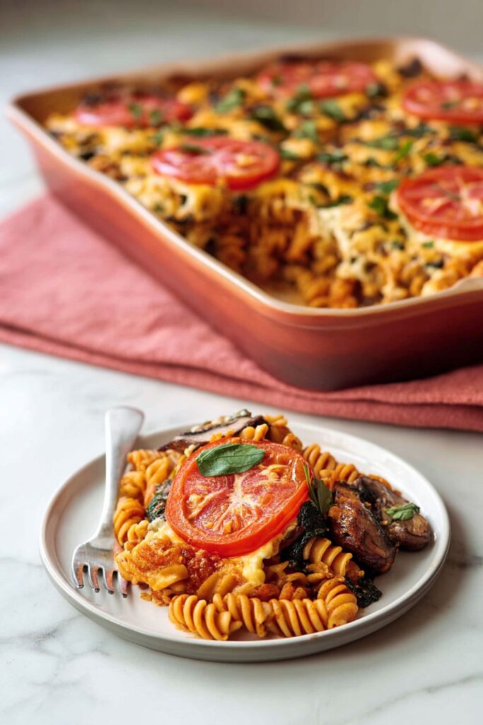 A baked casserole dish featuring chickpea pasta, vibrant marinara sauce, and a creamy tofu-cashew cheese layer, perfect for anyone craving yummy plant based recipes.