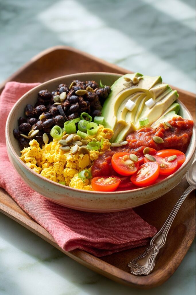 A vibrant bowl featuring yellow scrambled tofu, seasoned black beans, sliced avocado, and cherry tomatoes, representing colorful vegan recipes.